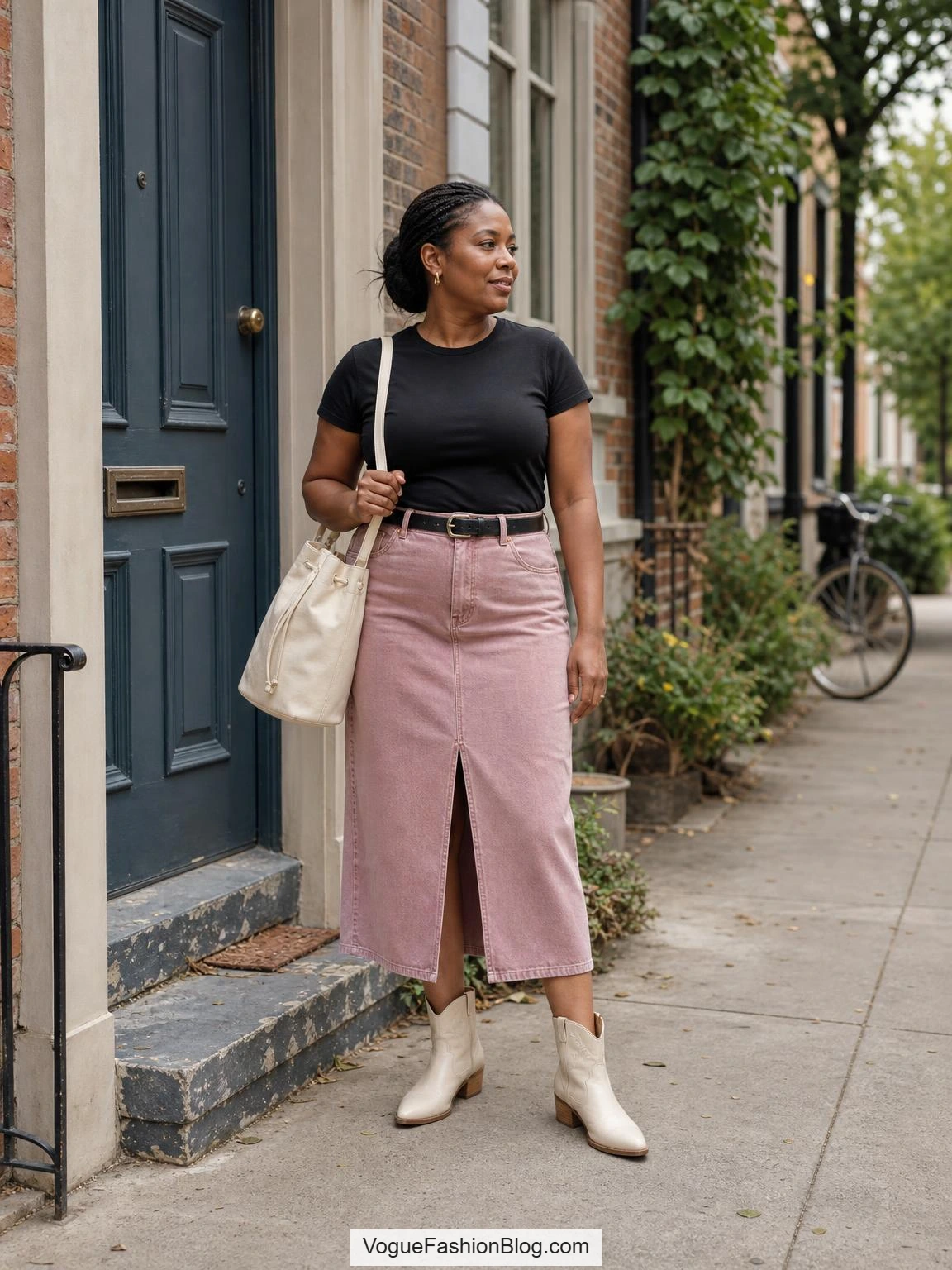 Dark-skinned woman in a pink skirt outfit with black tee, cream Western boots, and bucket bag pauses by a painted front door