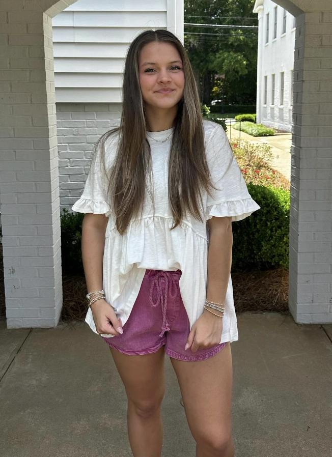 Pink Drawstring Shorts + White Ruffle Sleeve Top