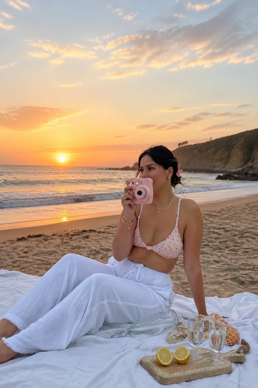 9- Pink Floral Bikini Top With White Beach Pants