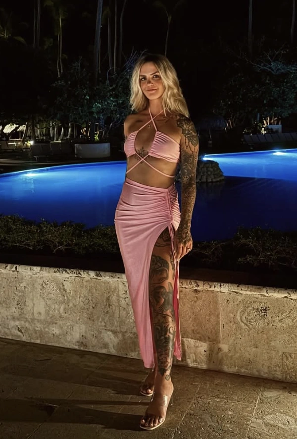 Pink Halter Top + Pink Ruched Slit Skirt + Clear Heels