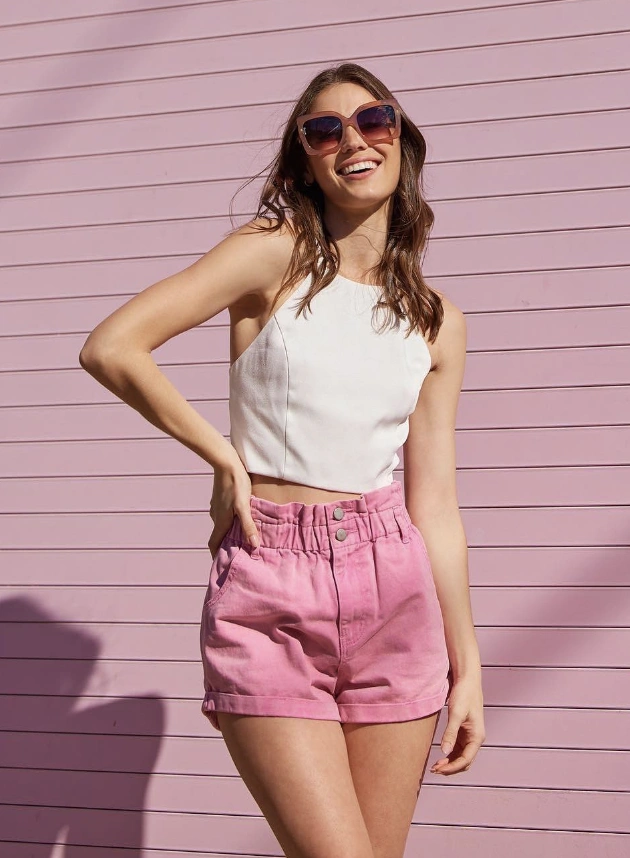 Pink High Waisted Shorts + White Sleeveless Crop Top