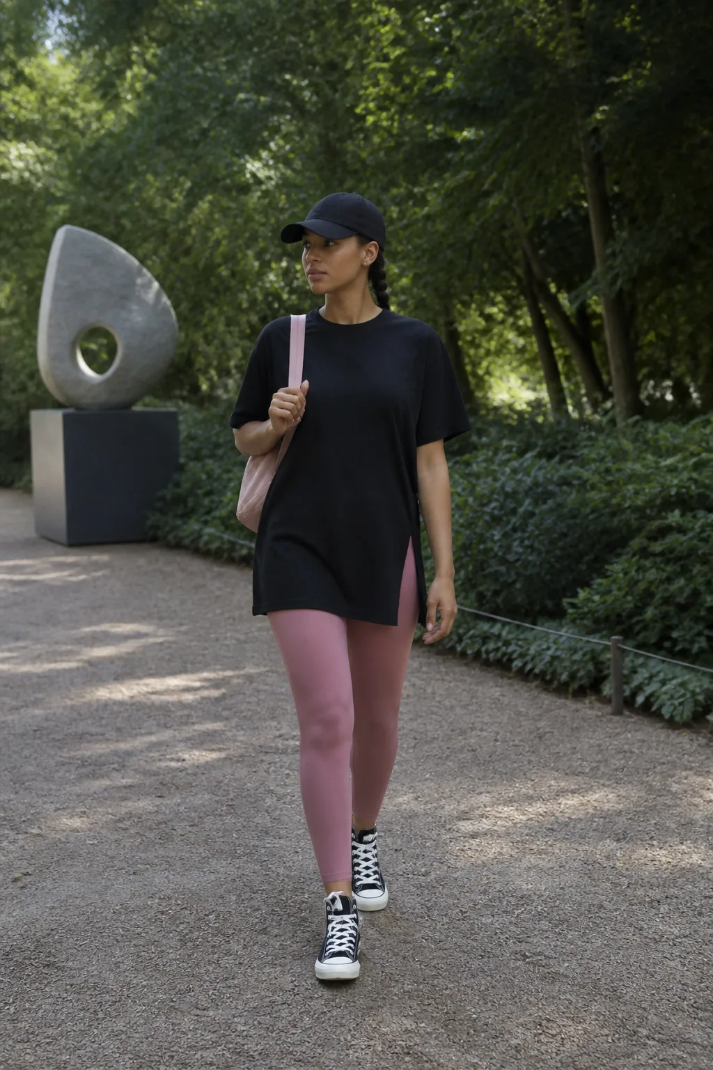 Pink Leggings, Black Tunic Tee, and High-Top Trainers