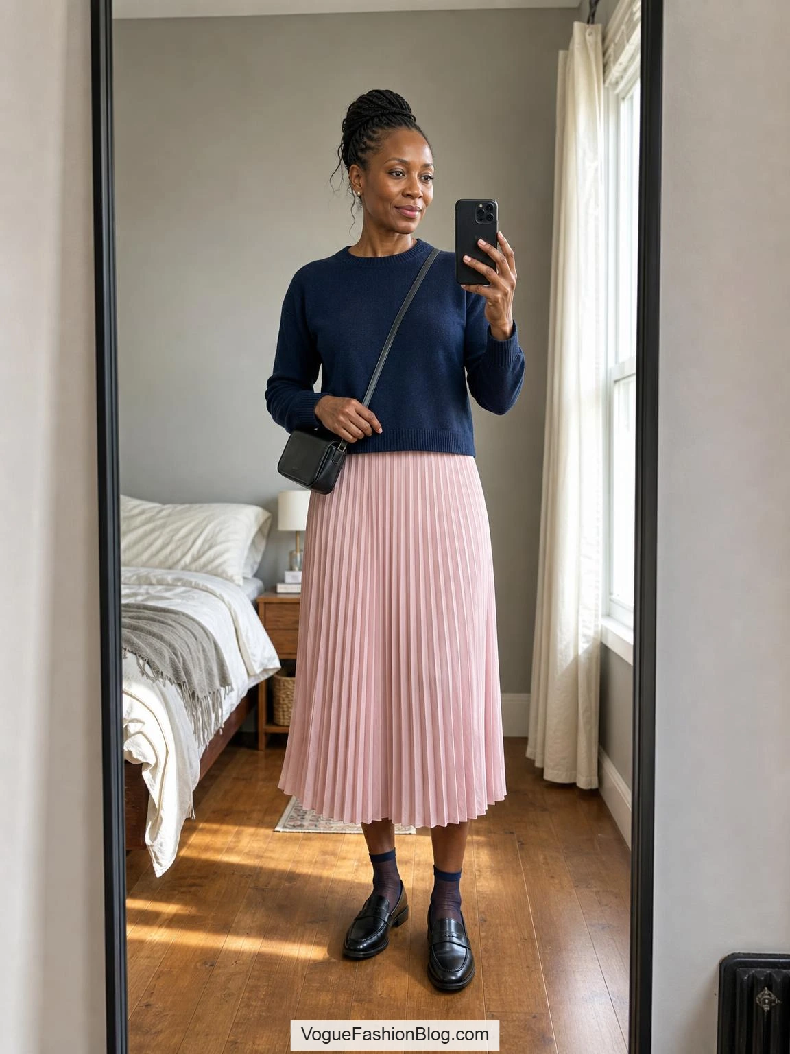 Dark-skinned woman takes a bedroom mirror selfie in a navy crewneck, black loafers, and pleated pink skirt outfit.