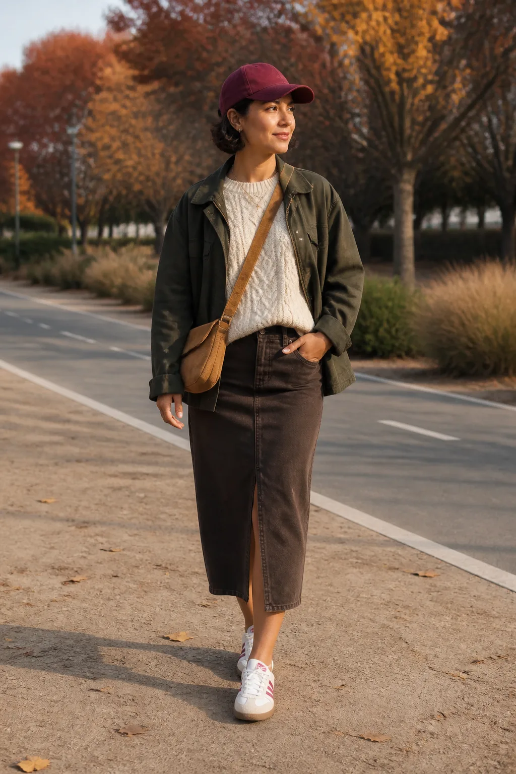 Pink Sambas with a Brown Denim Midi Skirt