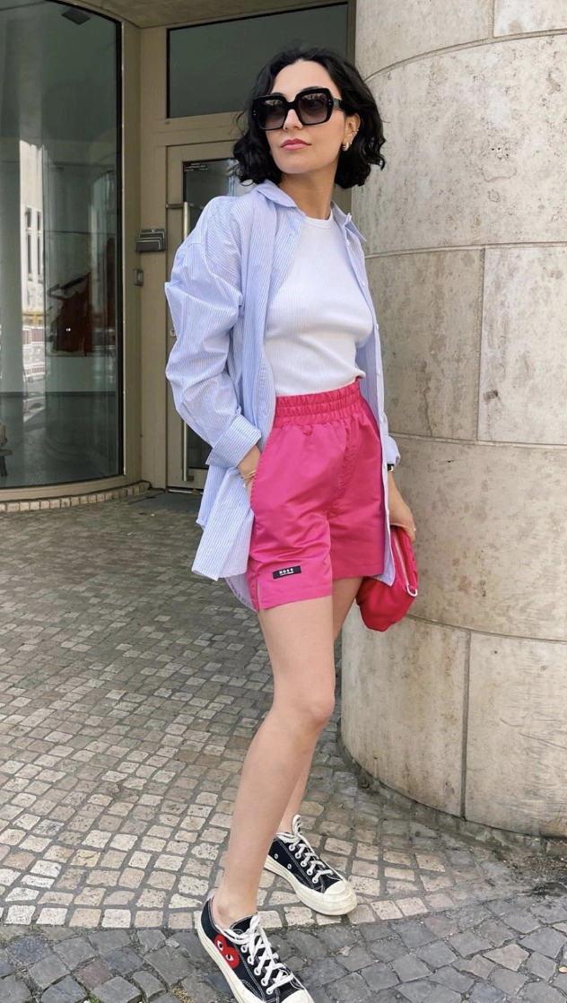 Pink Shorts + White Ribbed Tank Top + Striped Oversized Shirt + Black Sneakers