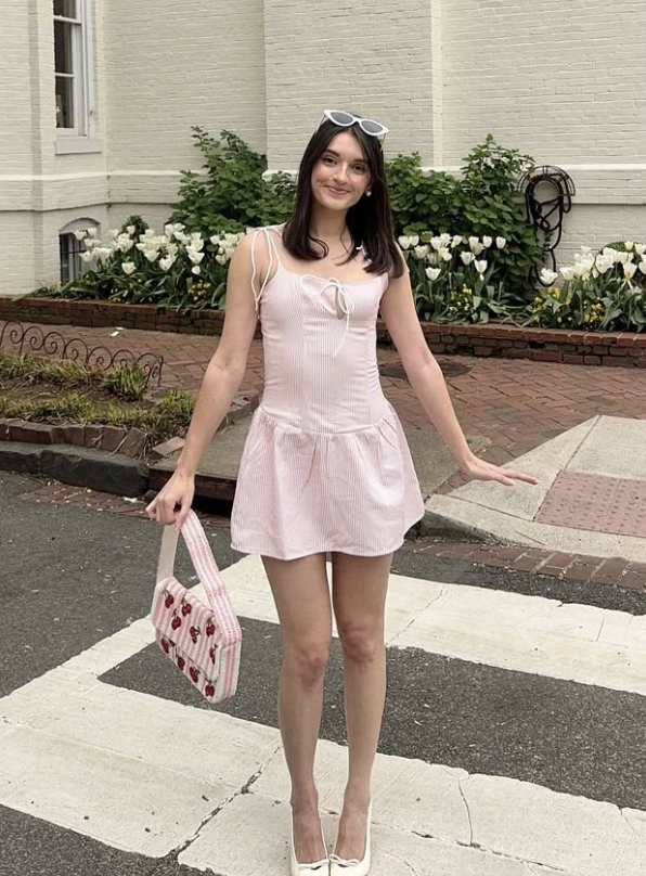 Pink Striped Dress + Cherry Bag + White Flats