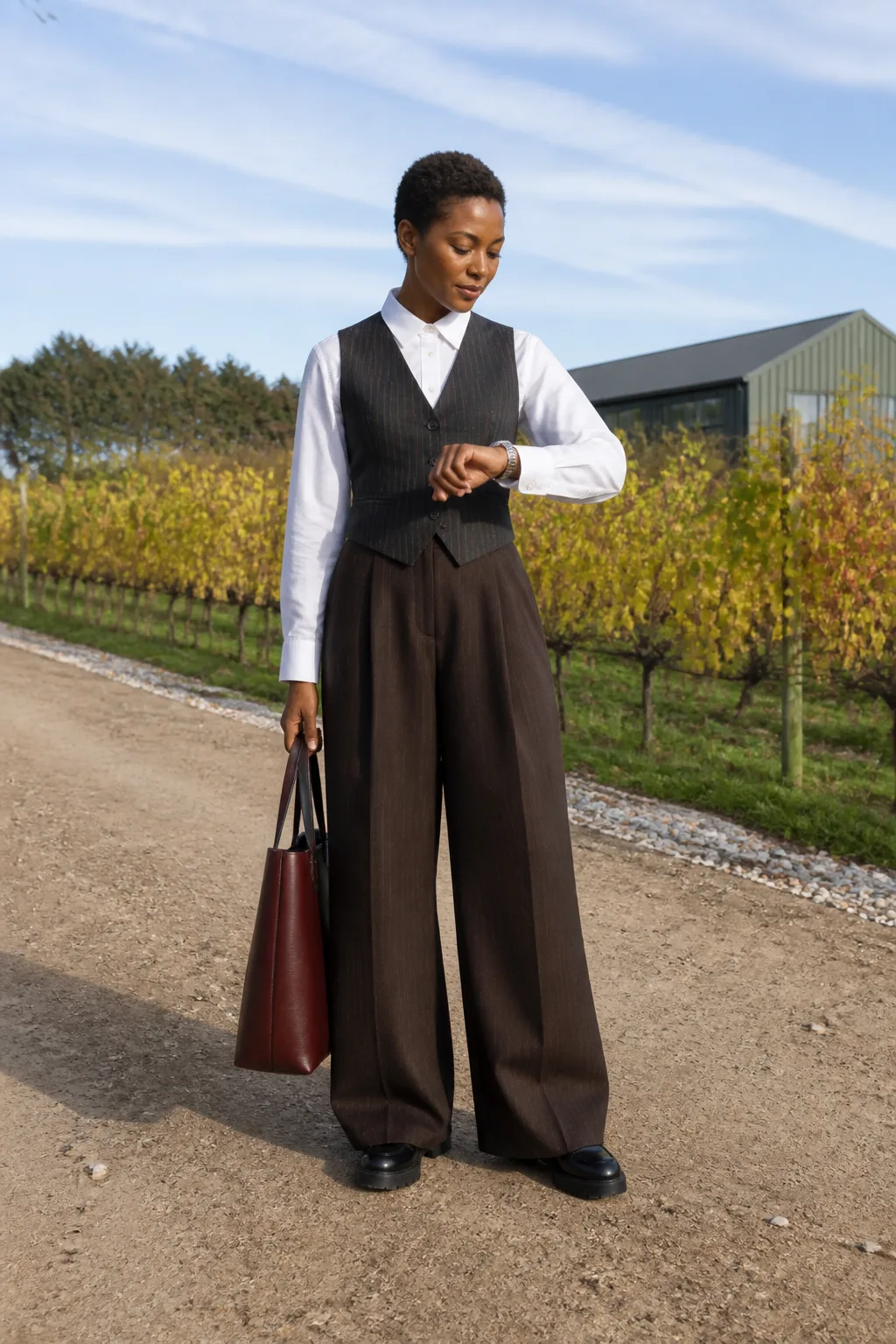 Pinstripe Vest with Wide-Leg Trousers