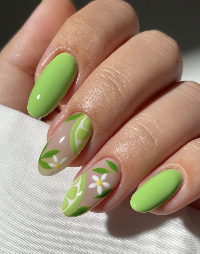 Pistachio Green Nails with Floral Accent Details