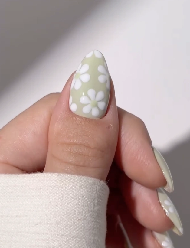 Pistachio Green Nails with White Daisy Decals