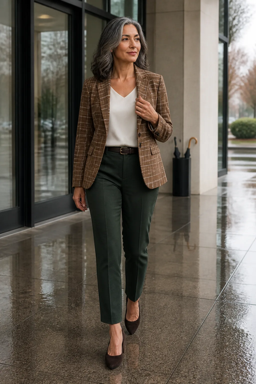 Plaid Blazer, Silk Shell, and Straight Trousers