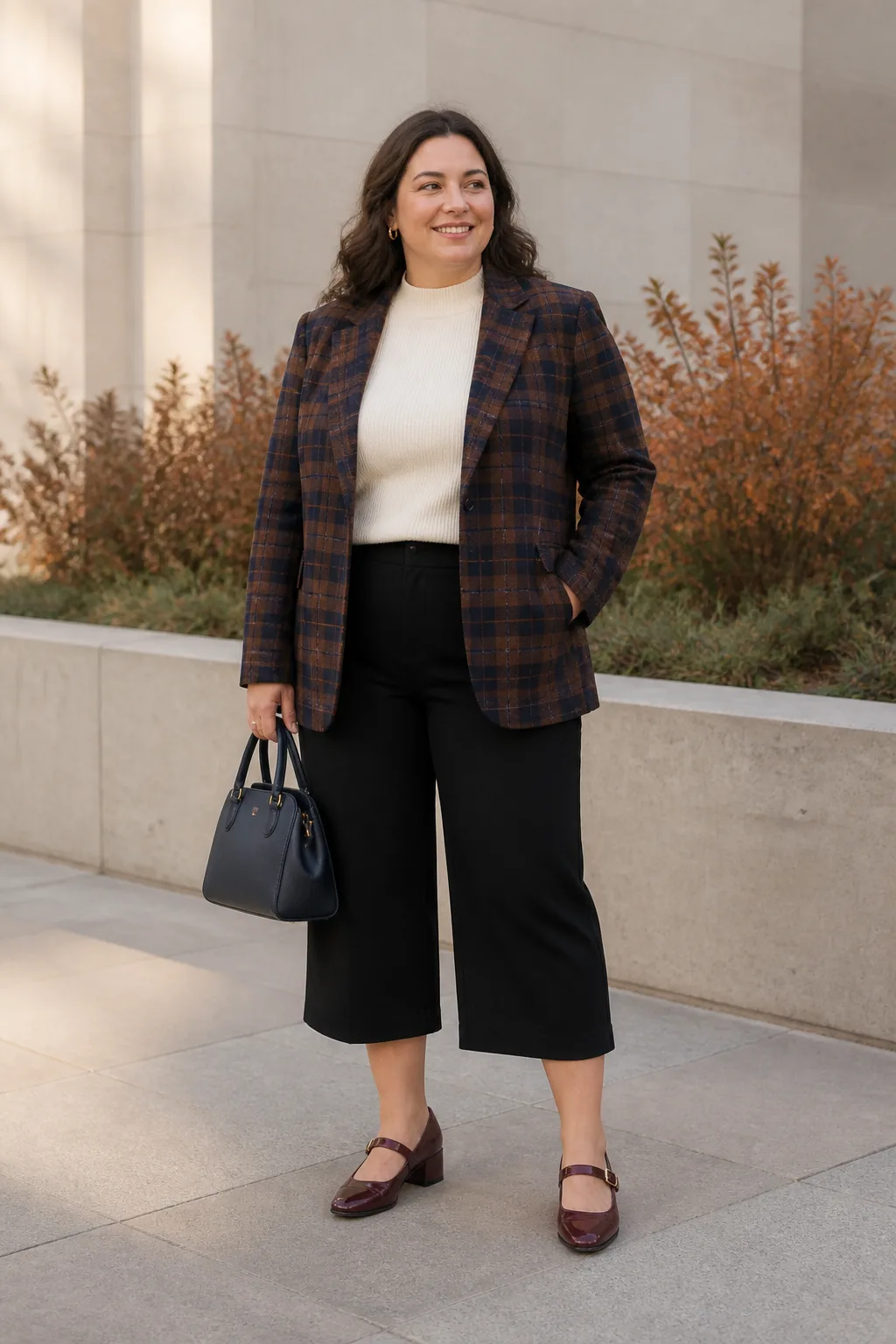 Plaid Blazer with Black Culottes