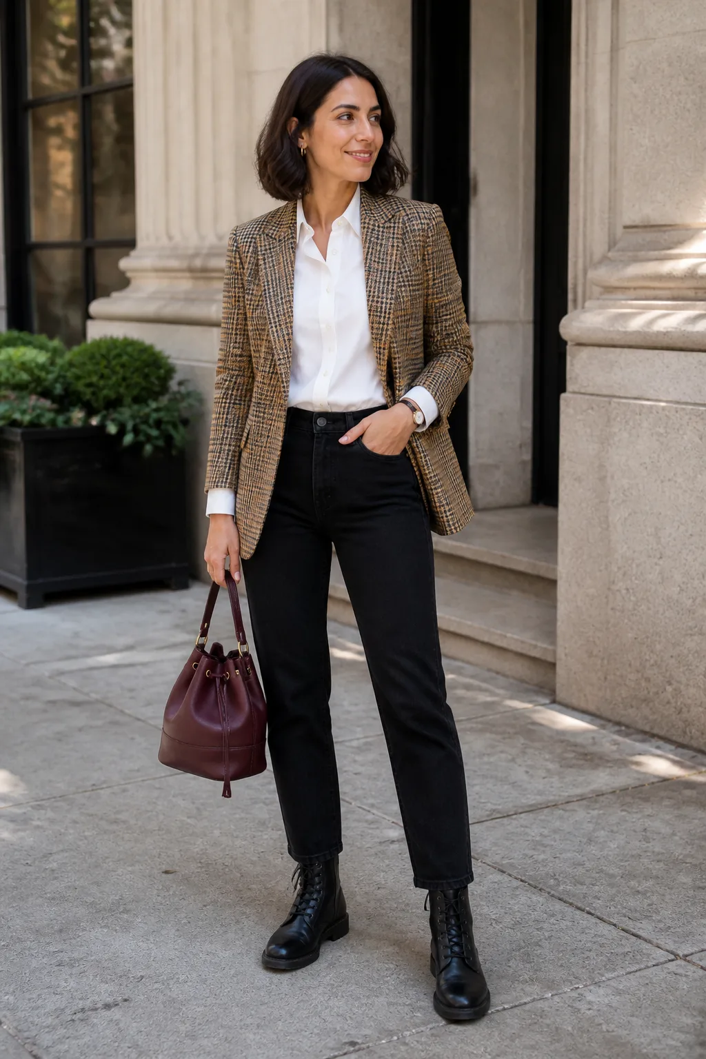 Plaid Blazer with Black Straight-Leg Jeans