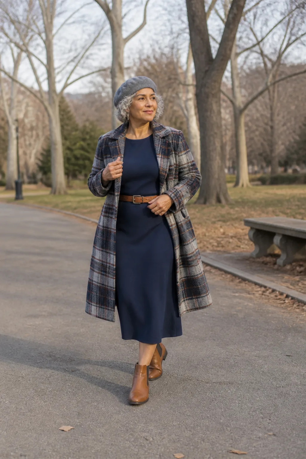 Plaid Coat, Jersey Dress, and Chelsea Boots