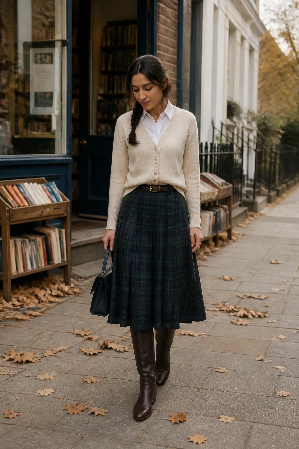 Plaid Midi Skirt, Cream Cardigan and Tall Boots
