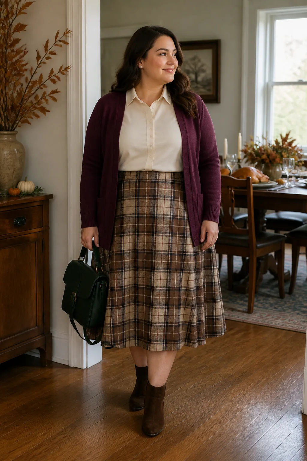 Plaid Midi Skirt with Plum Cardigan