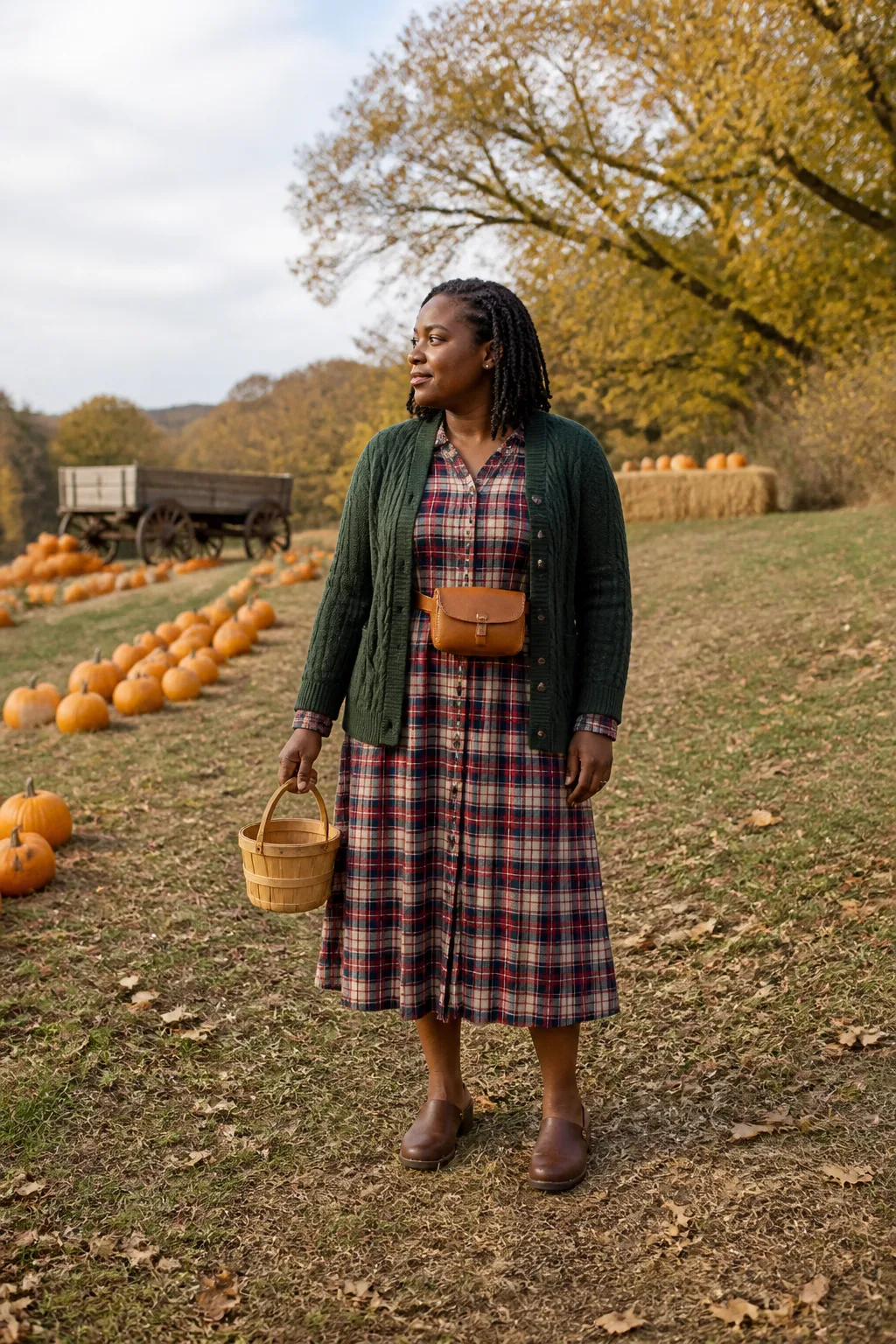 Plaid Shirt Dress with Cable Cardigan and Clogs