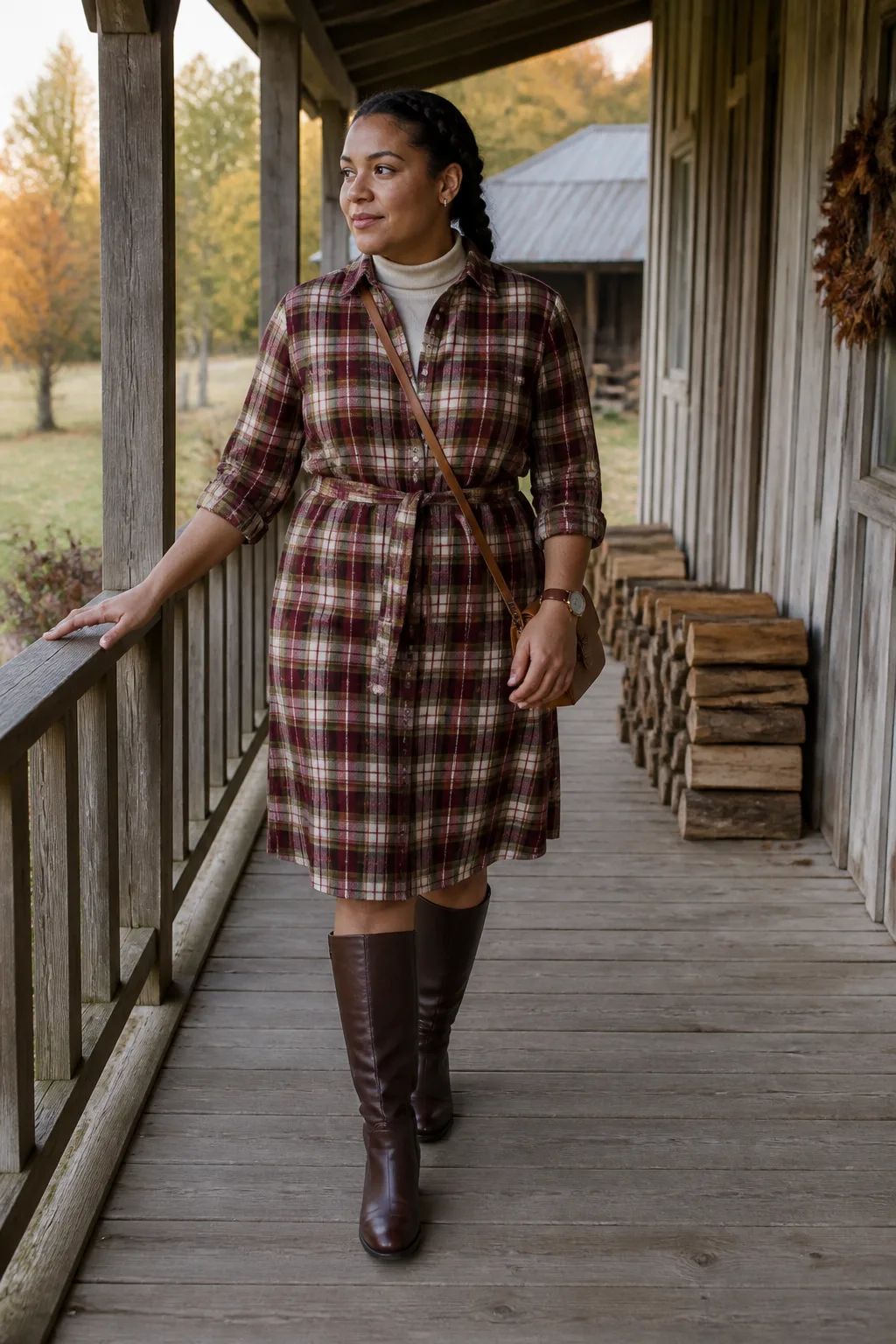 Plaid Shirt Dress with Tall Riding Boots
