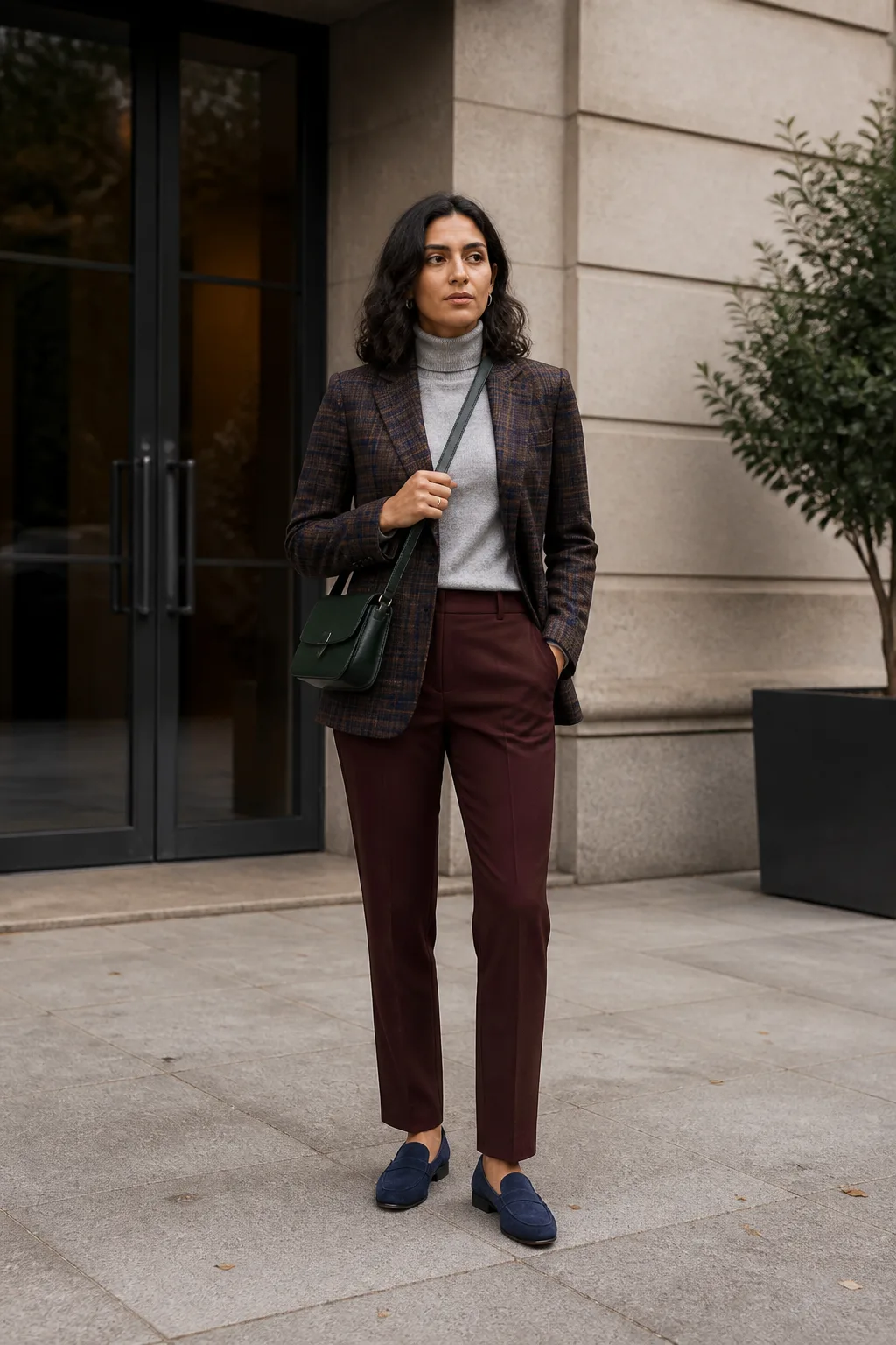 Plaid Wool Blazer with Burgundy Trousers