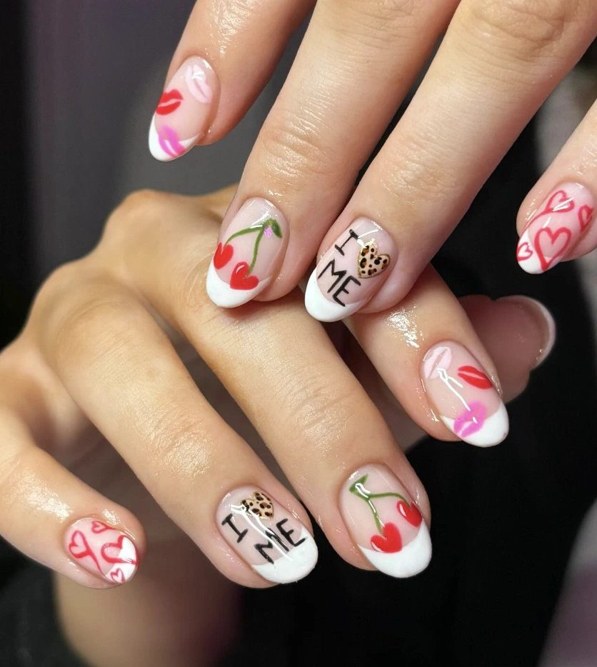 Playful French Manicure with Cherries, Hearts, and Lips