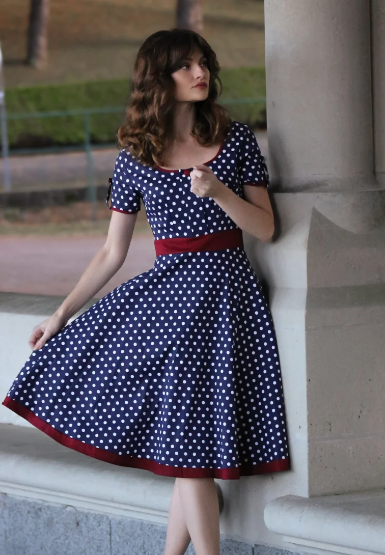 Playful Polka Dots: Navy Polka Dress Red Accents