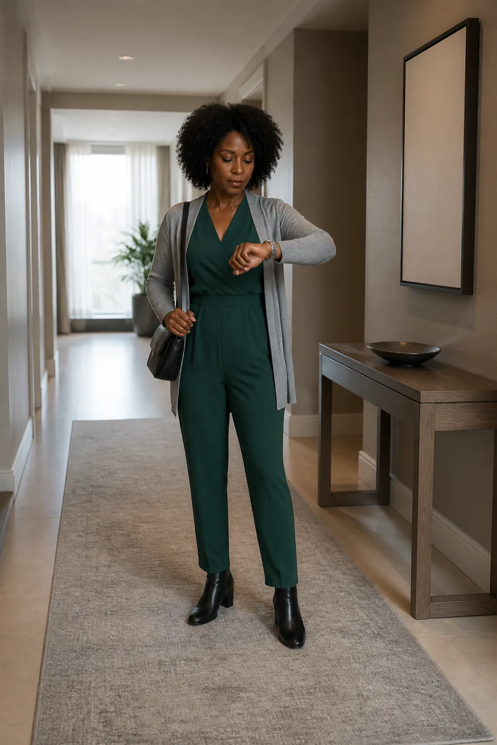 Pleated Jumpsuit, Cardigan, and Heeled Boots