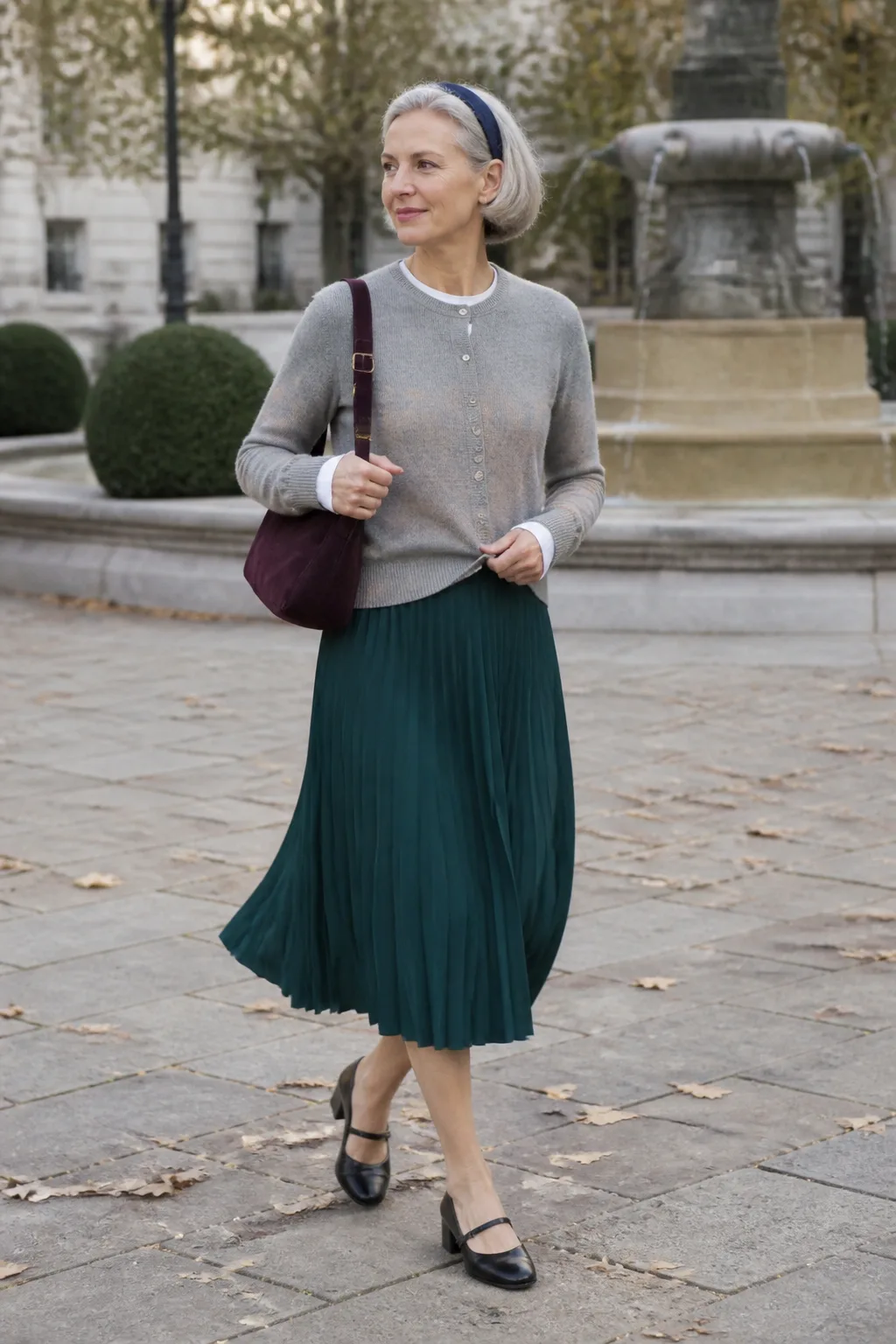 Pleated Midi Skirt, Cardigan and Mary Jane Shoes