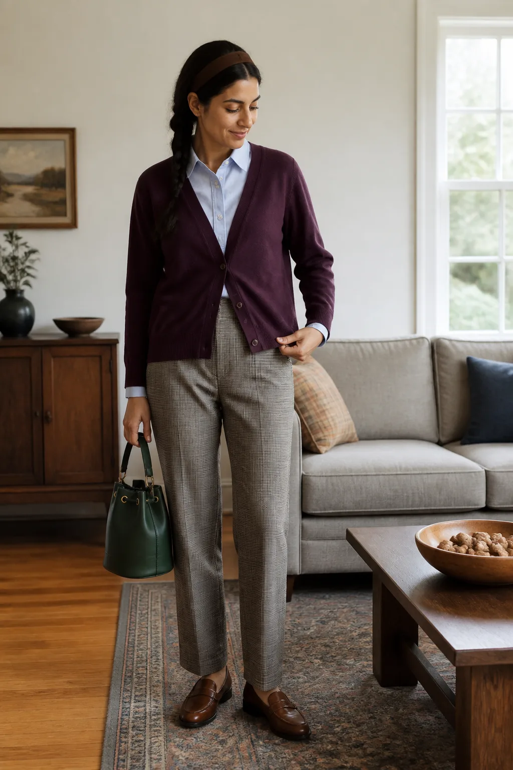 Plum Cardigan with Checked Trousers