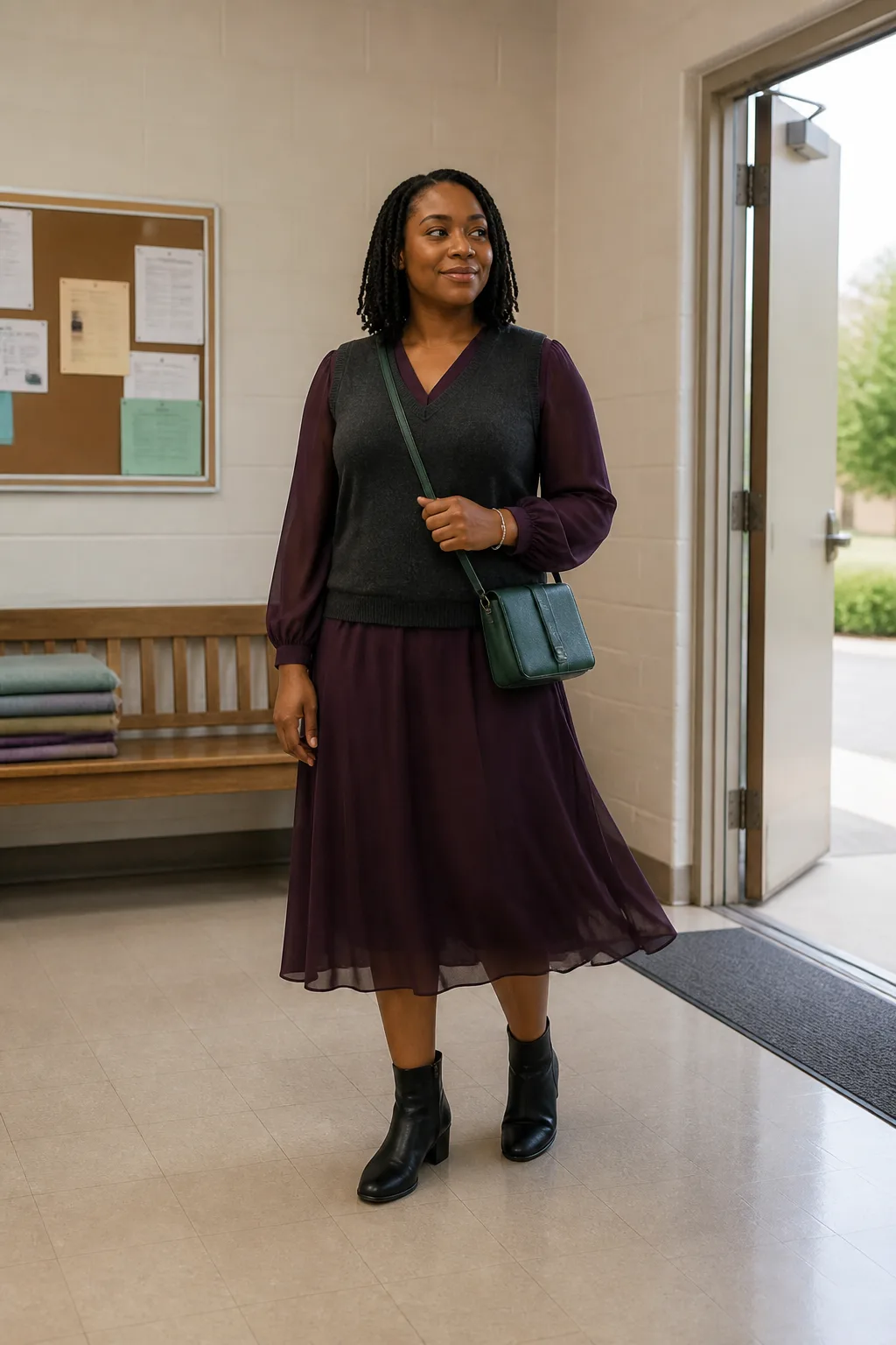 Plum Chiffon Dress with a Knit Vest