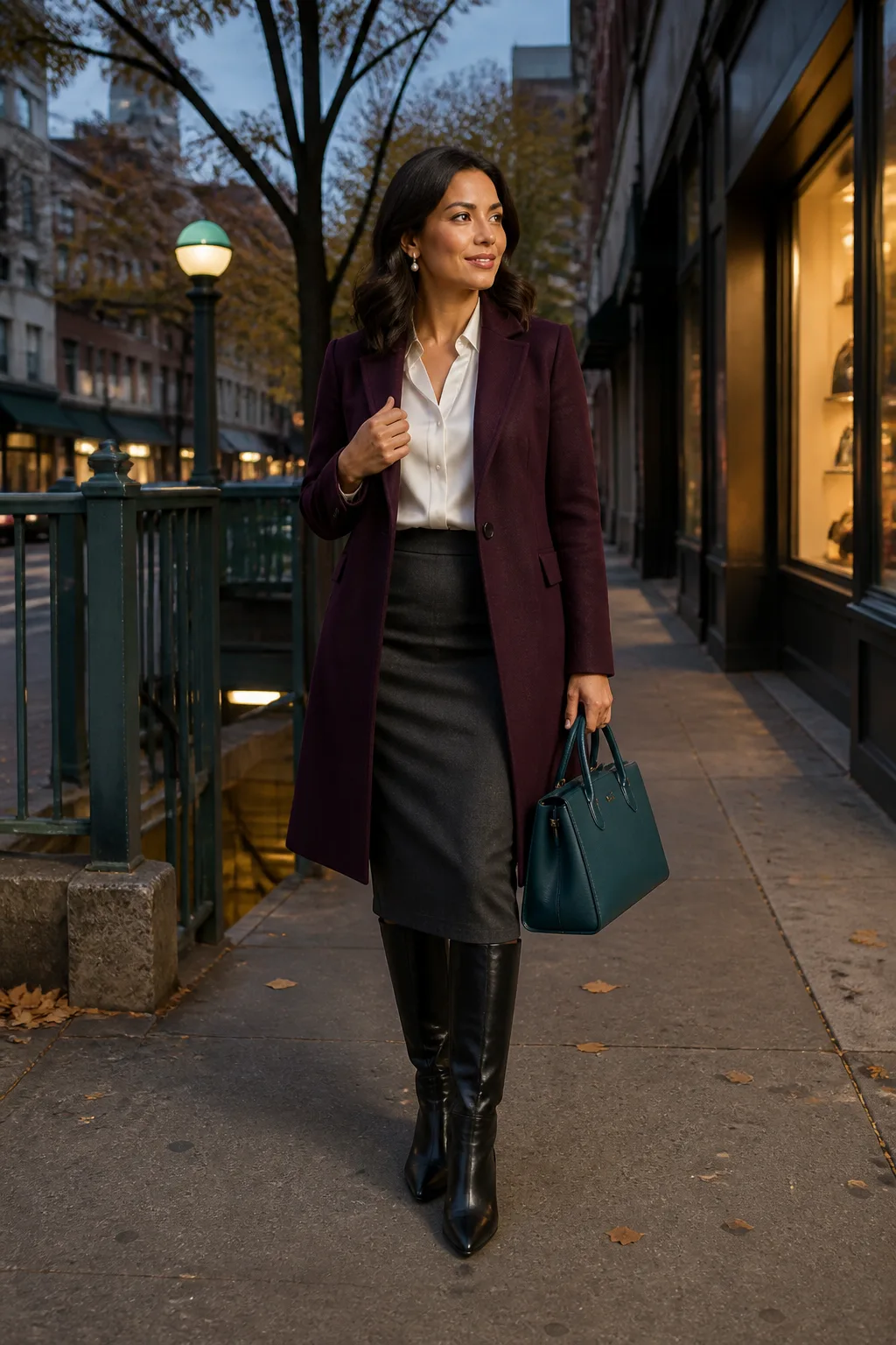 Plum Coat, Blouse and Gray Pencil Skirt