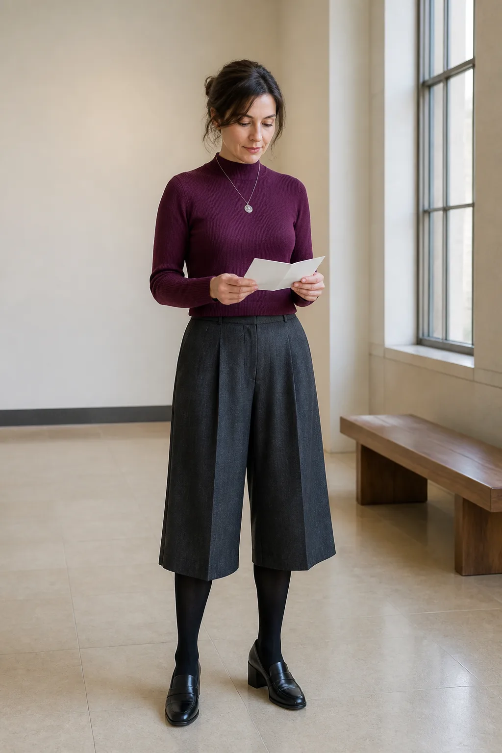 Plum Mock-Neck Sweater with Gray Culottes