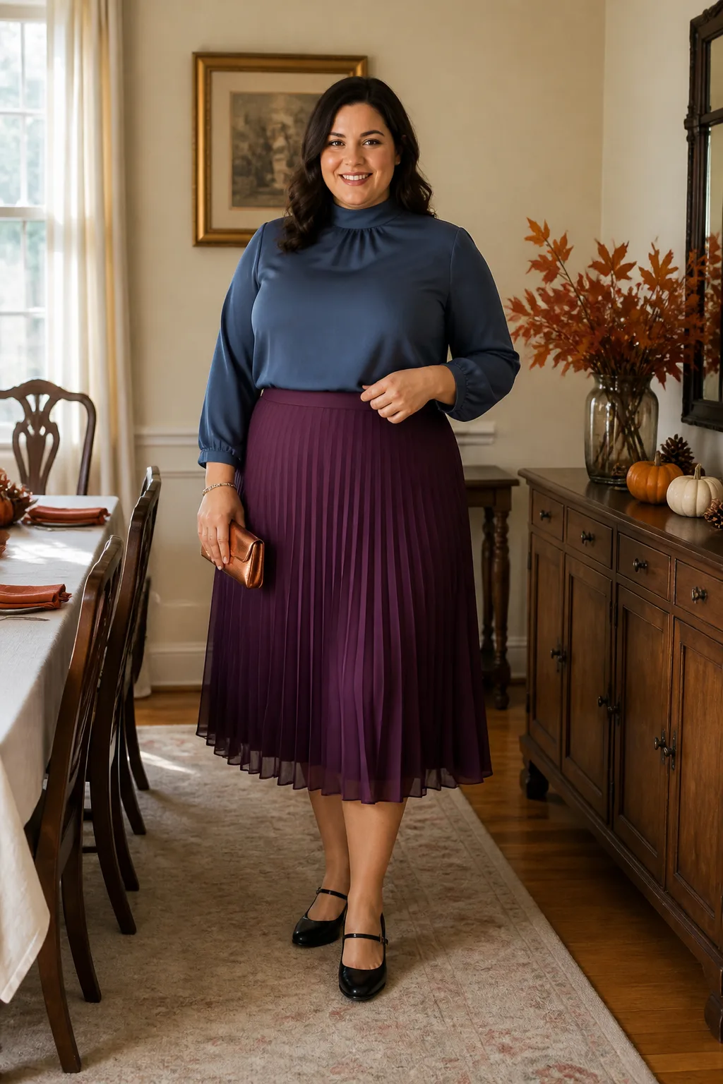 Plum Pleated Skirt with Slate Blouse