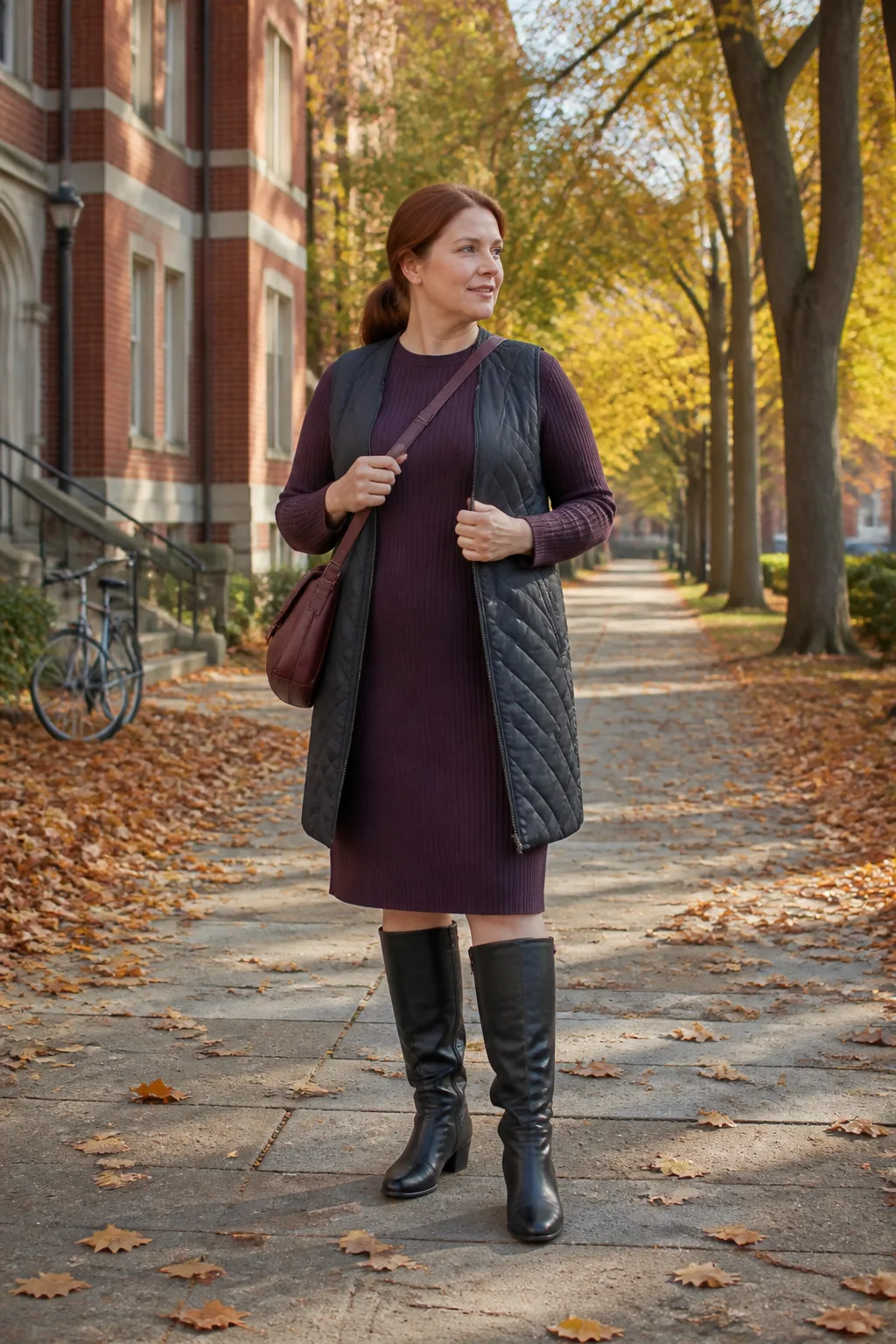 Plum Sweater Dress with a Long Vest