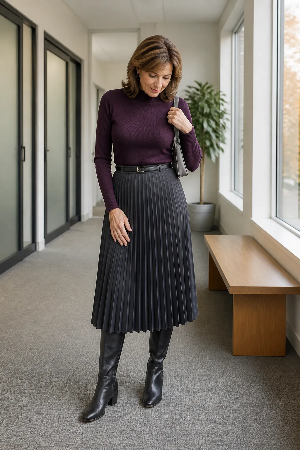 Plum Sweater with Charcoal Pleated Skirt