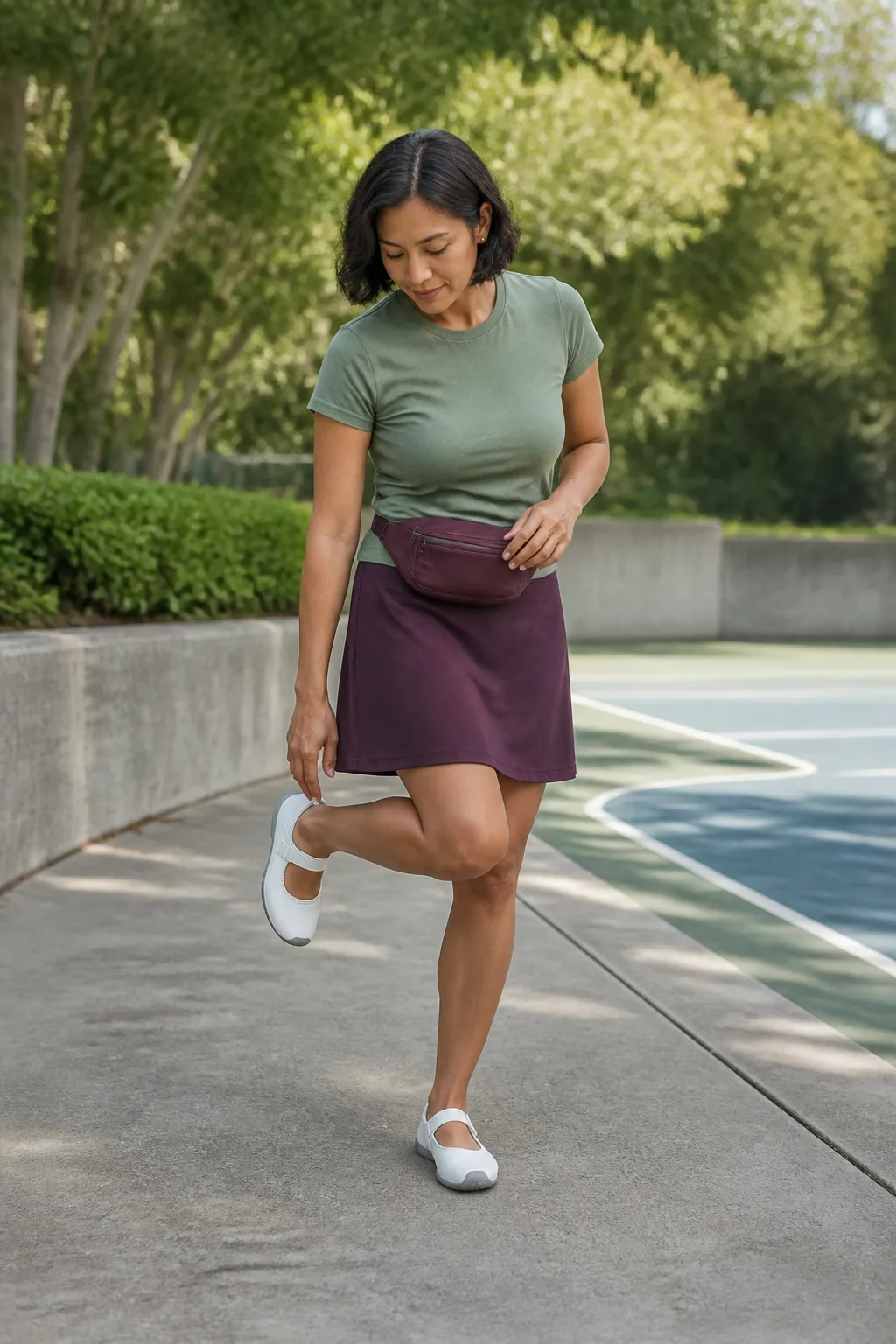 Plum Track Skirt, Green Tee, and Mary Jane Trainers