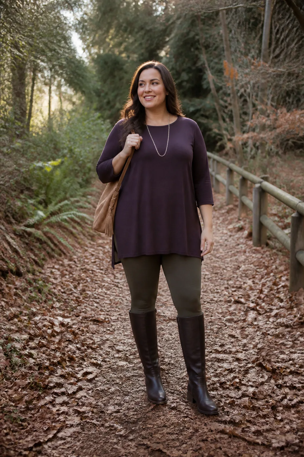Plum Tunic with Olive Leggings and Tall Boots