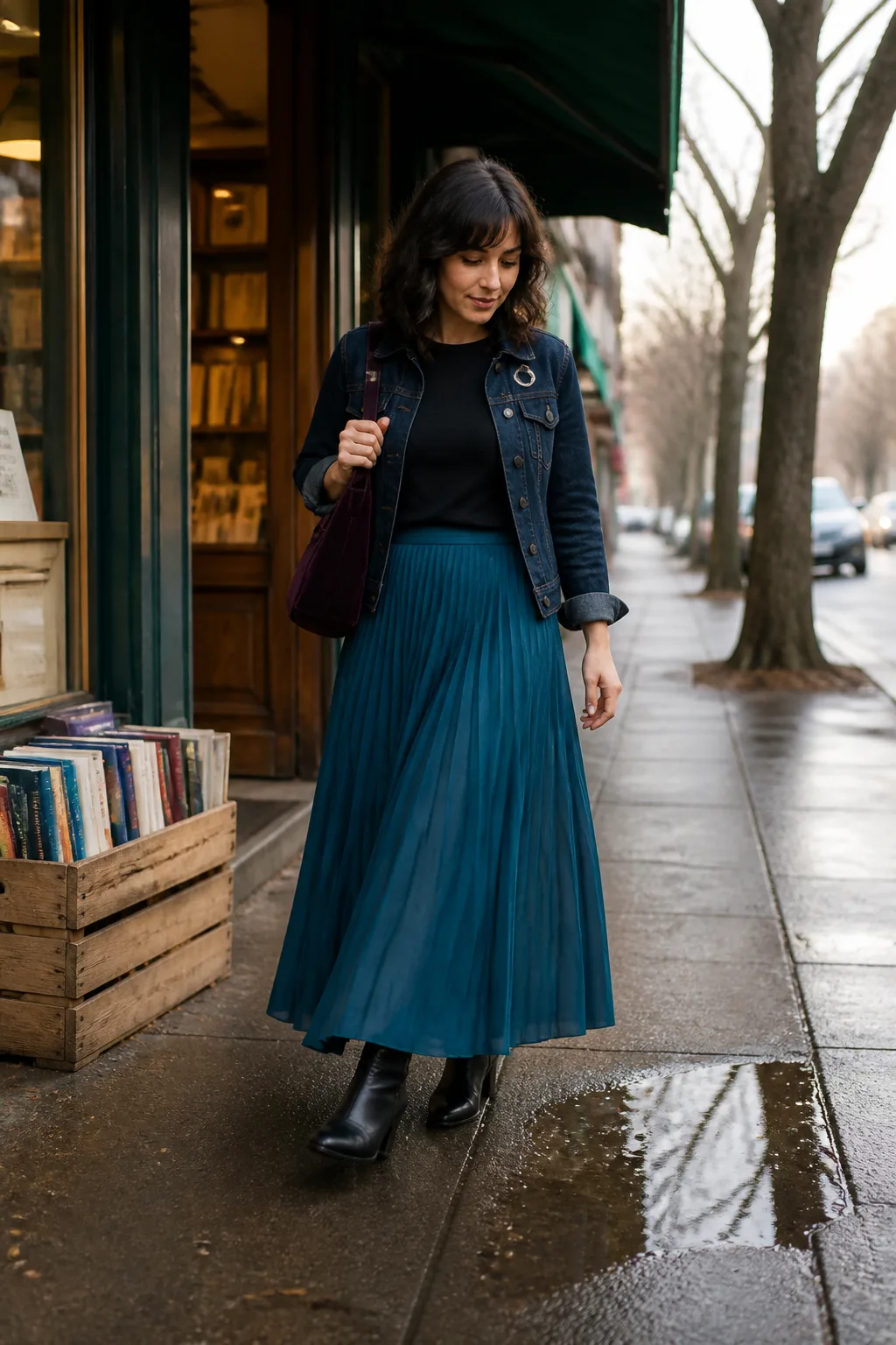 Plum Wrap Dress, Herringbone Coat, and Silver Fan Brooch