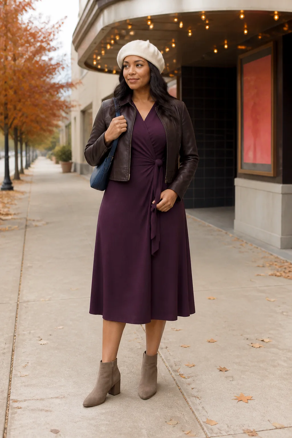 Plum Wrap Dress with a Cropped Leather Jacket