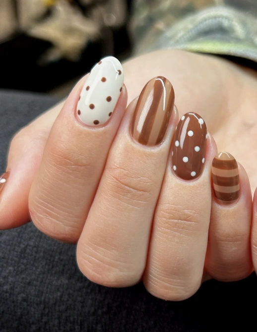 Polka Dot and Striped Almond Nails in Earth Tones
