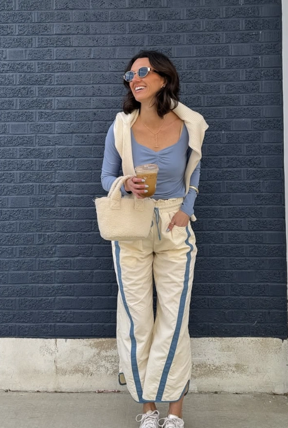 Powder Blue Top + Track Stripe Puffer Pants + Fuzzy Tote