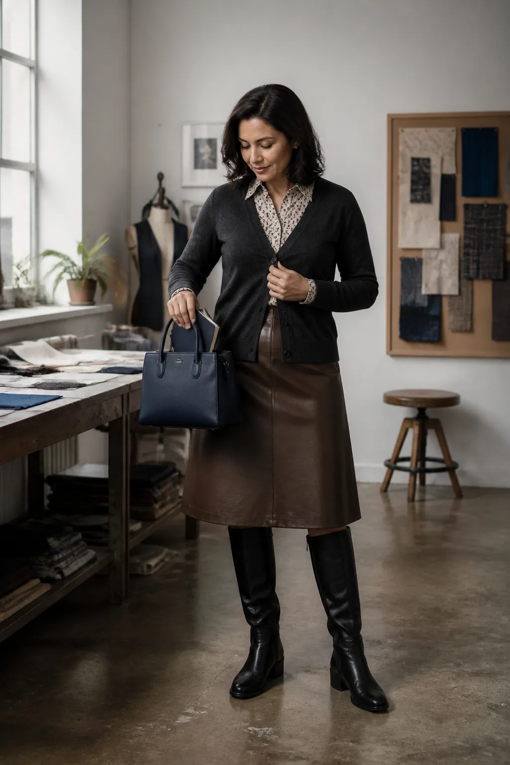 Printed Blouse, Leather Skirt, and Tall Boots