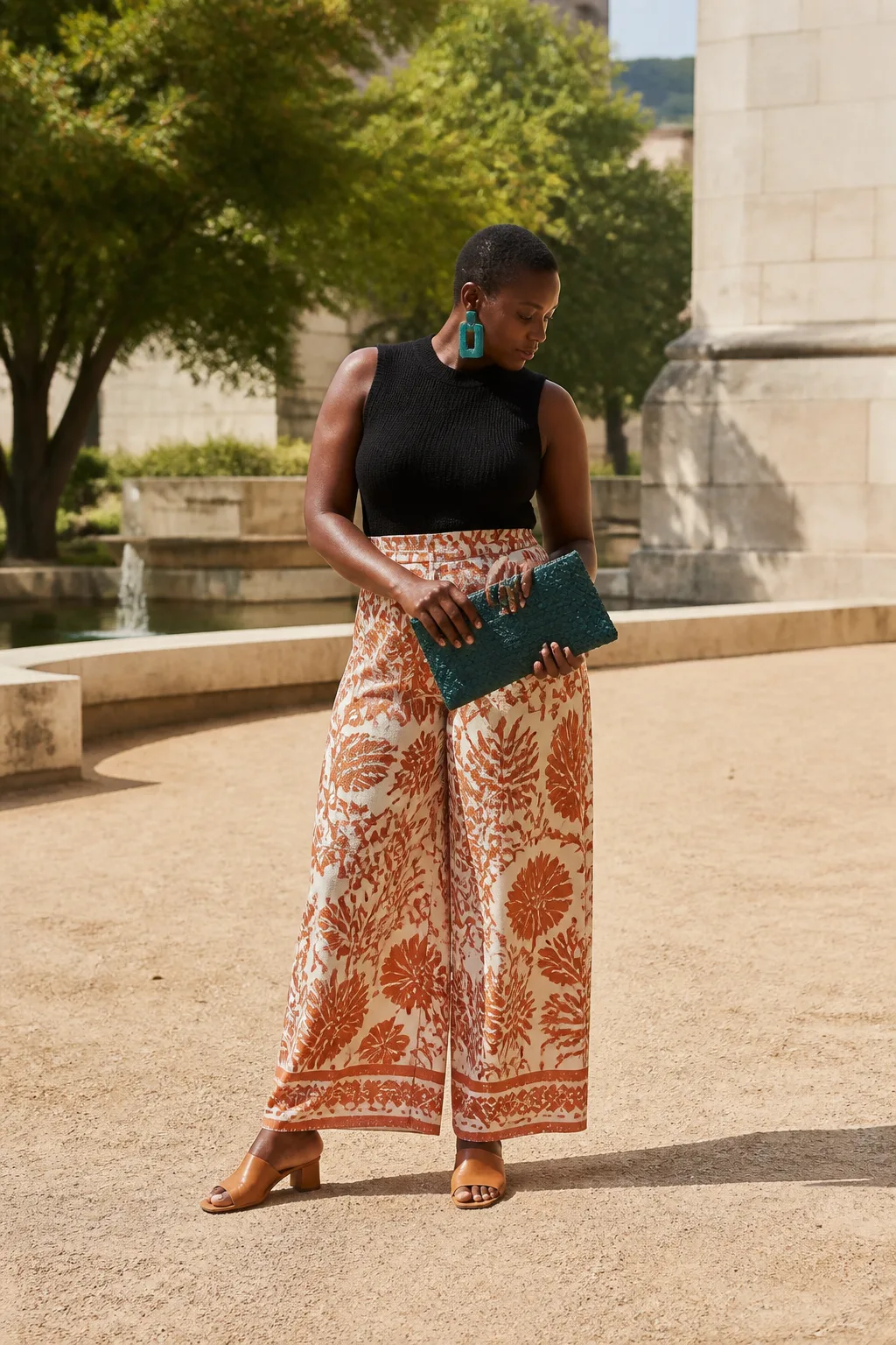 Printed Palazzo Pants with Black Shell Top