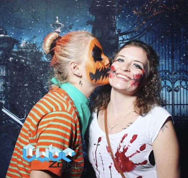 Pumpkin Face Paint + Striped Orange Top + Bloody T-Shirt