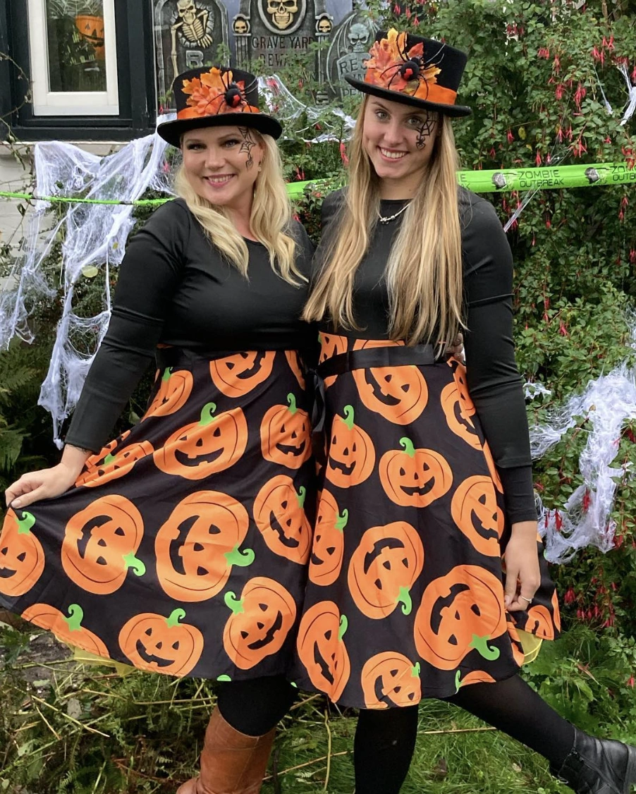 Pumpkin Print Skirts + Black Long Sleeve Tops + Black and Orange Top Hats