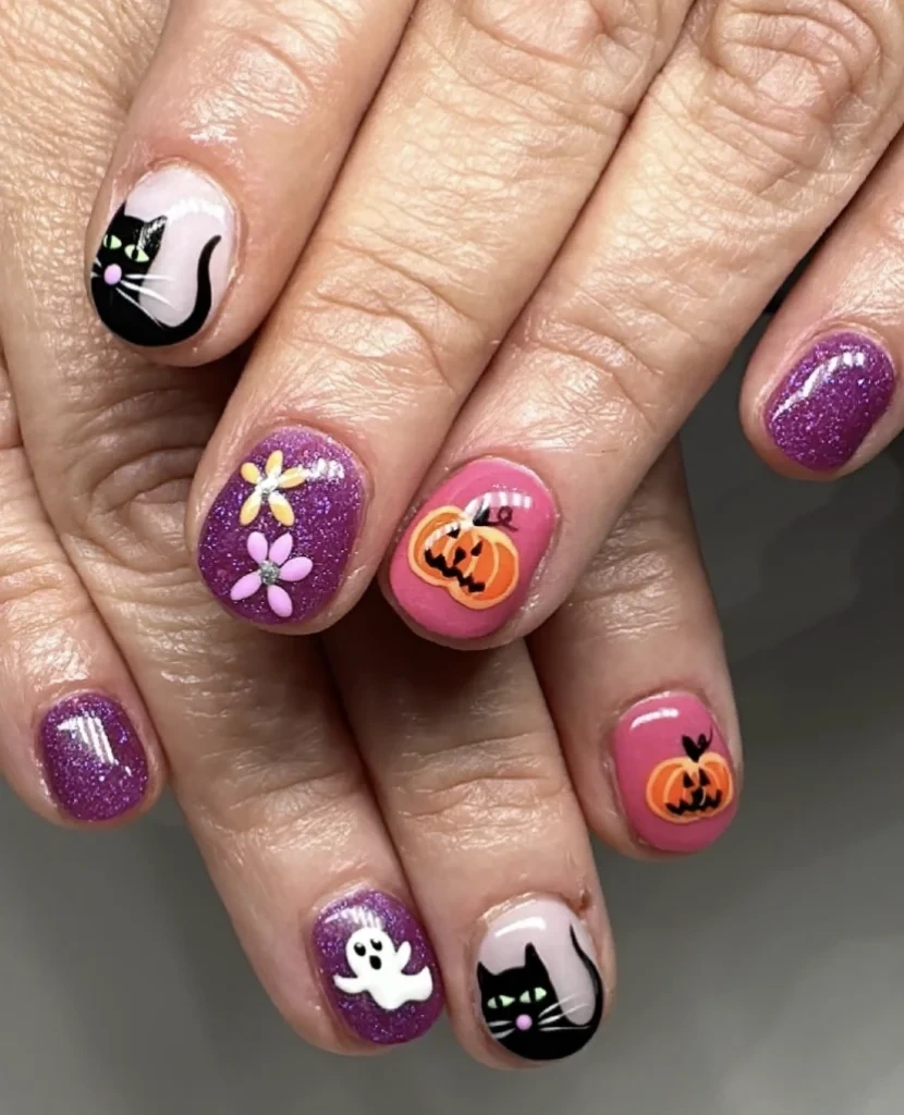 2- Purple Glitter Character Nails