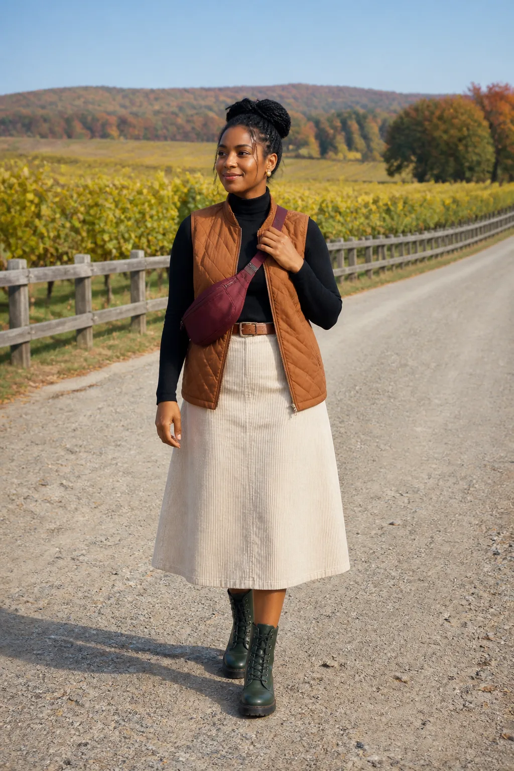 Quilted Vest with Corduroy Midi Skirt