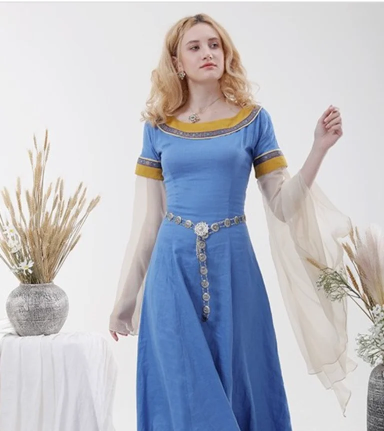 Radiant Simplicity: Light Blue Medieval Dress Gold Trim