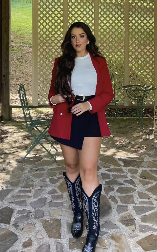 Red Blazer + White Long Sleeve Top + Navy Mini Skirt + Black Cowboy Boots