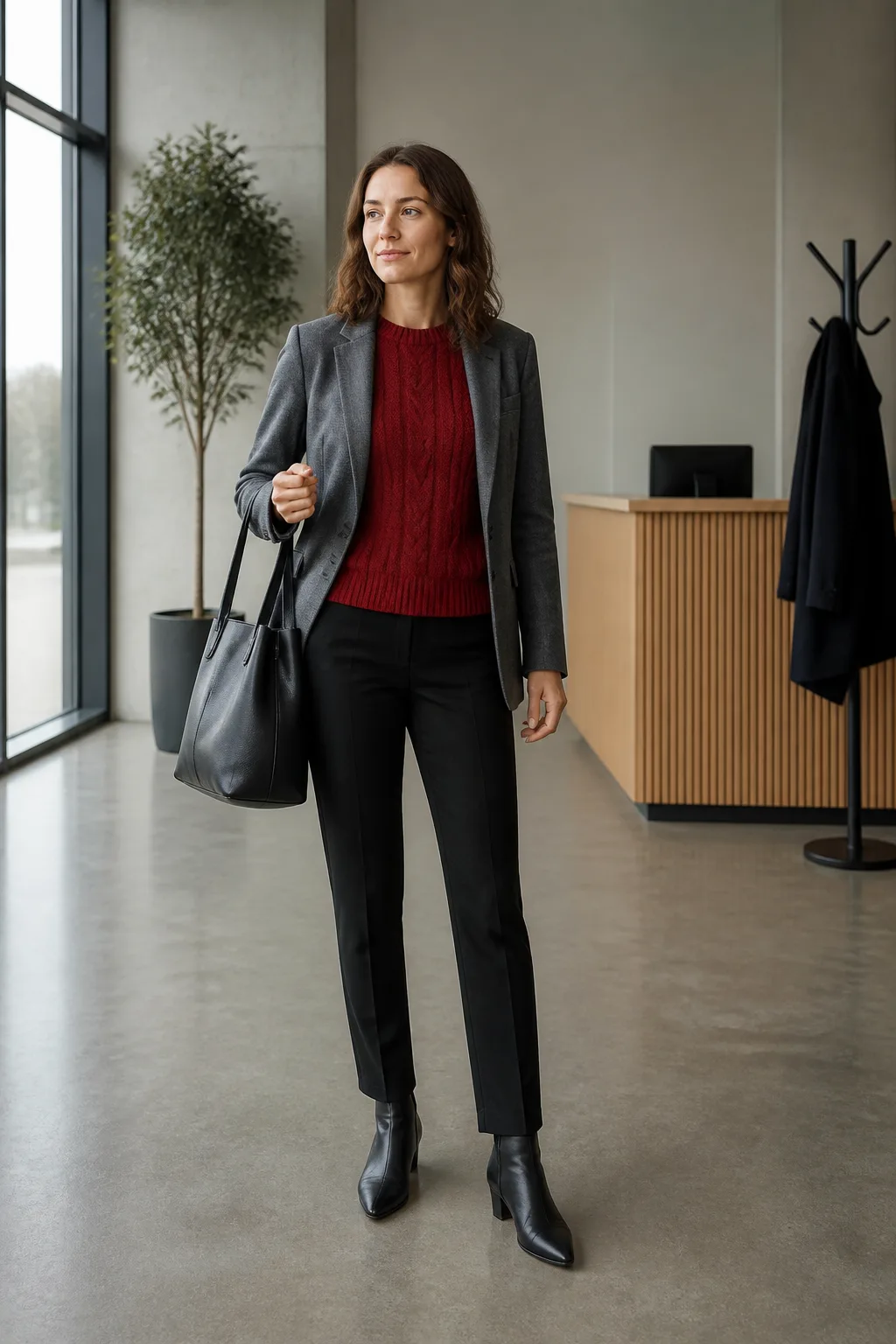 Red Cable Sweater with Black Tailored Trousers