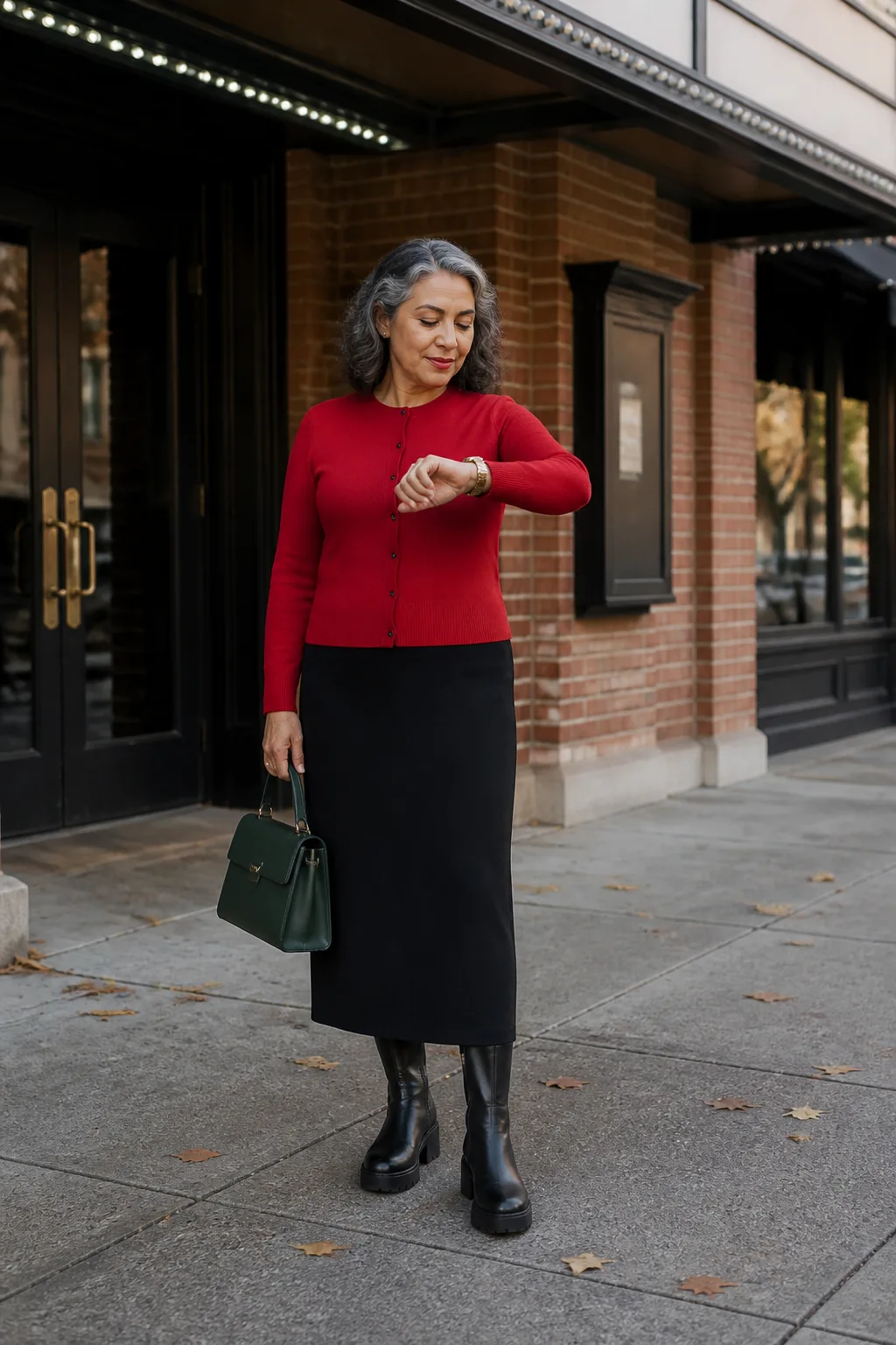 Red Cardigan with a Black Column Dress