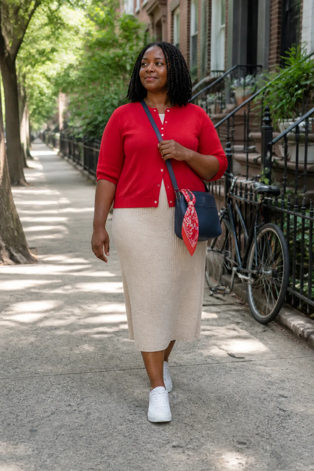Red Cardigan with Stone Midi Dress